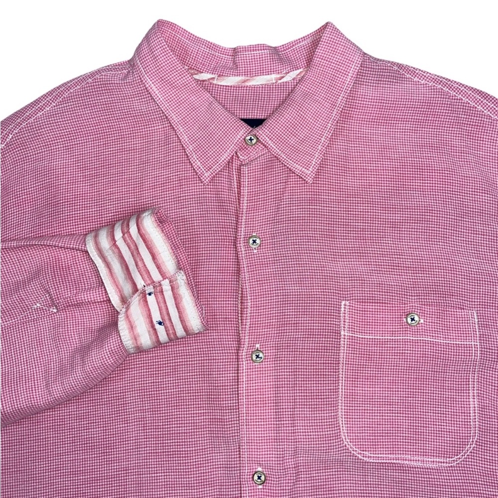 Tommy Bahama Mens Button-Up Long Sleeve Linen Flip Cuff Gingham Shirt Pink XL